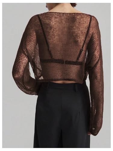 MakeMeChic Women's Crochet Sheer Boat Neck Sweater Long Sleeve Knit Lightweight Crop Tops3