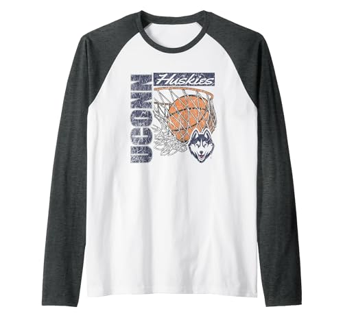 Connecticut Huskies Vintage Basketball 90's White Raglan Baseball Tee, Men, Dark Heather Grey/White, Small