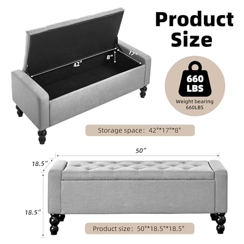 Image of 50 inch W Storage Ottoman Bench with Safety Hinge, Load up to 660 lb Ottoman with Storage, Upholstered Tufted Entryway Bench with Seating for Living Room, Bedroom, Light Gray
