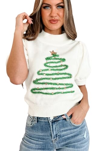 Women's White Tinsel Christmas Tree Graphic Puff Sleeve Sweater