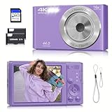 Digital Camera, Autofocus 4K Camera for Photography with 64GB Card, 44MP Portable Compact Point and Shoot Digital Camera for Teens Adult Kids Beginner with 16X Zoom, Anti-Shake (Hell Purple)