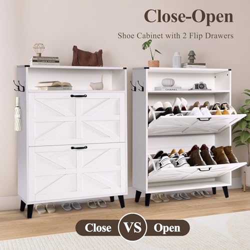 Homdox-Shoe-Cabinet-with-2-Flip-Drawers-Hidden-Slim-Shoe-Storage-Cabinet-with-Open-Storage-Freestanding-Farmhouse-Narrow-Shoe-Organizer-Cabinet-for-Entryway-Foyer-Hallway-White Homdox Shoe Cabinet with 2 Flip Drawers Hidden Slim Shoe Storage Cabinet with Open Storage Freestanding Farmhouse Narrow Shoe Organizer Cabinet for Entryway Foyer Hallway White
