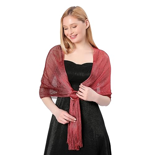 Image of Stoles for Evening Dress with Buckle, Fringes - Polyester Blend, Shimmer Stole Wraps for Weddings, Party | Women's Clothing