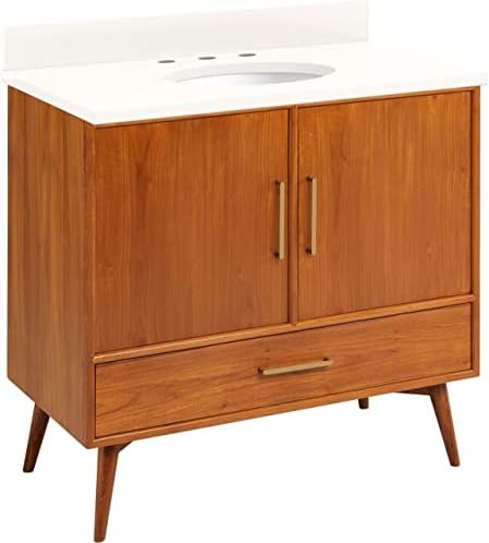 Signature Hardware 953363-36-UM-8 Novak 36" Freestanding Teak Single Basin Vanity Set with Cabinet, Vanity Top, and Oval Undermount Sink - 8" Faucet Holes - Teak/Arctic White