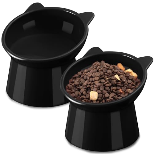 Zhehao 2 Pieces Plastic Raised Bowl Tilted 15 Degrees Elevated Cat Food and Water Bowls Set Anti Vomit Dog Kitten Food Dishes Pet for Cats and Small Dogs(Cat Ears,Black)
