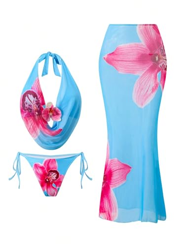 Image of ZAFUL Women's 3 Piece Floral Swimsuit Draped Neck Halter Bikini Tie Side Bathing Suit with Sheer Cover Up Skirt
