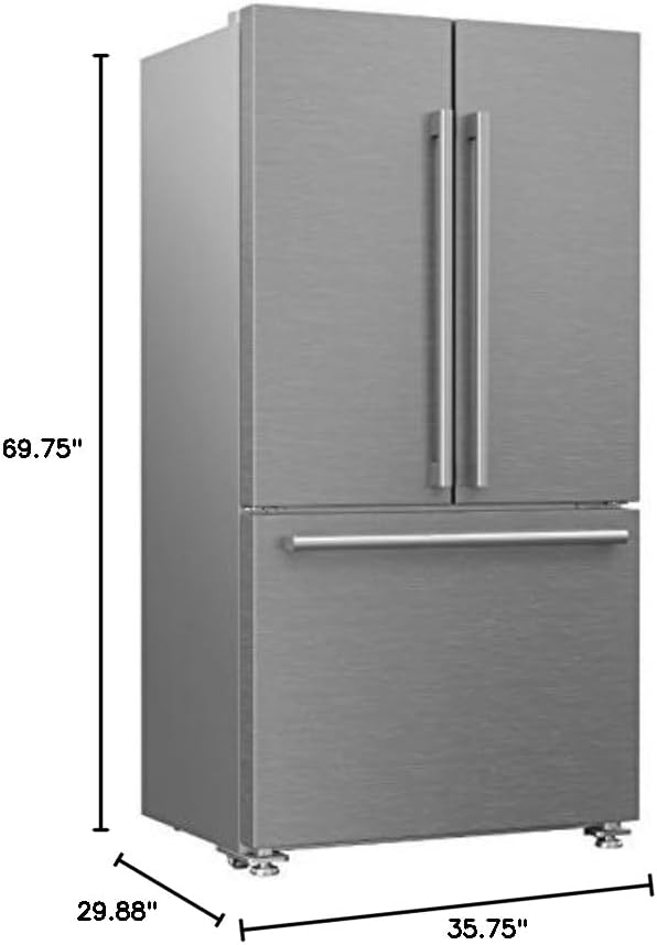 Diagram showing the dimensions of the Blomberg BRFD2230SS refrigerator