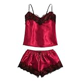 Sexy para Mujer Lingerie Body De Encaje y MeshPijamas Mujeres Lencería de Encaje Sexy Ropa de Dormir de Seda Conjunto de Pijamas de Dama Traje de Pijama de satén-Red_M