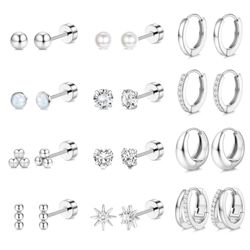 LOYALLOOK Flat Back Earrings for Women Hypoallergenic - Surgical Steel Earrings for Sensitive Ears Small Flatback Stud Hoop Earring Stacks Cartilage Earring Set for Multiple Piercing