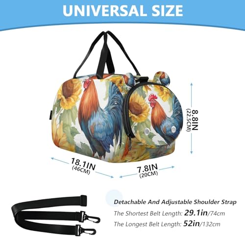YETTASBIN Sport Travel Duffel Bag for Girls Boys, Rooster Sunflower Large Waterproof Weekender Overnight Bag, Detachable Shoulder Strap Gym Bag with Shoe Compartment & Wet Pocket3