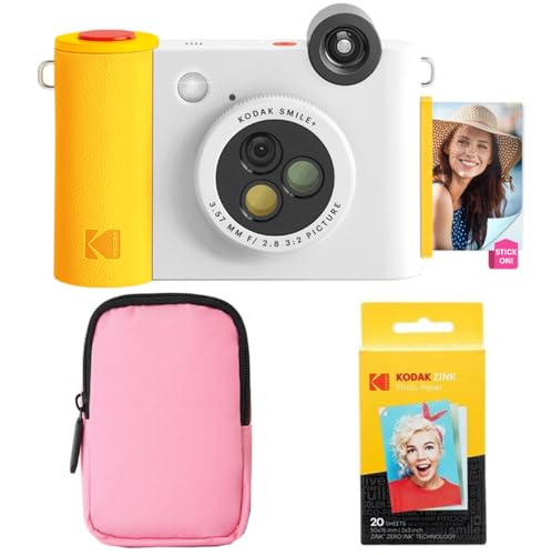 KODAK Smile+ 2-in-1 Digital Instant Print Camera & Wireless Bluetooth Photo Printer Starter Bundle + Soft Case + Zink 20pk Sticky-Back Photo Paper - 10MP, Special-Effect Rotating Lens - White