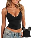 Navneet Damen Sport Tank Top mit Integriertem BH V Ausschnitt Sommer Sexy Gym Yoga Oberteil Schwarz M