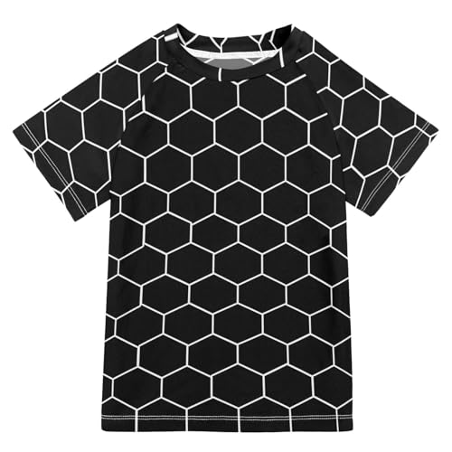 ALAZA Boys Swim Shirts Toddler Rash Guard Short Sleeve Rashguard Hexagonal Grid Black UPF 50+ 11-12T