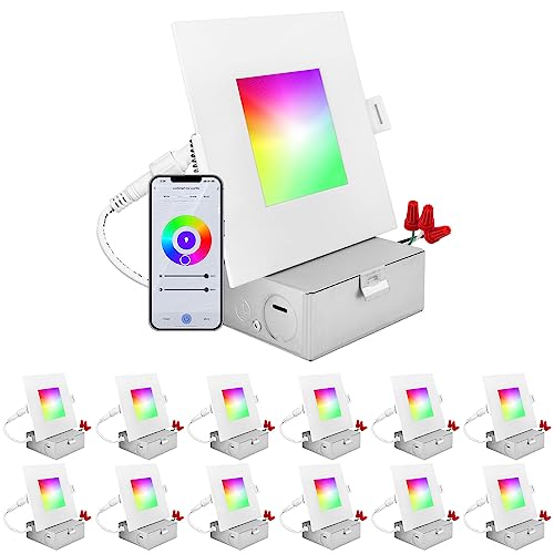 LUXRITE 12-Pack 4 Inch Square Smart LED Recessed Lighting, RGBW Color Changing, WiFi App Control, Voice Control with Alexa and Google Home, No Hub Required, 10.5W 700LM, CRI 90, IC Rated, Wet Rated