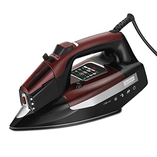 Sunbeam Professional Steam Iron, 1700 Watt, Large Nonstick Ceramic Soleplate, Horizontal or Vertical Shot of Steam, Self Cleaning, Large LED Screen and Bright LED Lights, 8′ Swivel Cord, Black/Red