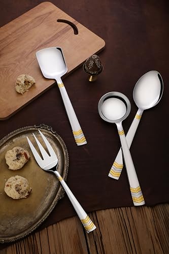 Image of FnS RAGA 24 Karat Gold Plated Stainless Steel Serving Set of 4 (1 Rice Serving, 1 Serving Fork, 1 Gravy Ladle, 1 Serving Spoon Large) for Home, Kitchen and Dinning