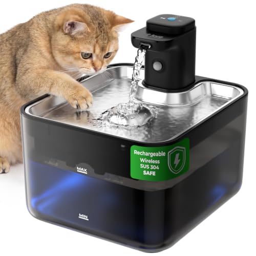 KYG Fuente de Agua para Gatos Inalámbrica 3L, Bebedero Automático con Sensor de Movimiento, Bandeja de Acero Inoxidable 304, Bomba Silenciosa, Batería 4000mAh (Módulo de Alimentación Extraíble), Negro