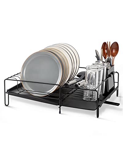 TOPWE Égouttoir Vaisselle Extensible, Egouttoir à Vaisselle en Acier Inoxydable avec Egouttoir, Porte-ustensiles, Egouttoir pour Comptoir ou Evier de Cuisine, Noir