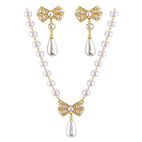 Pearl Bow Tie Necklace Earrings Set Crystal Bowknot Pendant Necklace Drop Chain Jewelry for Women Girls Teens Cover