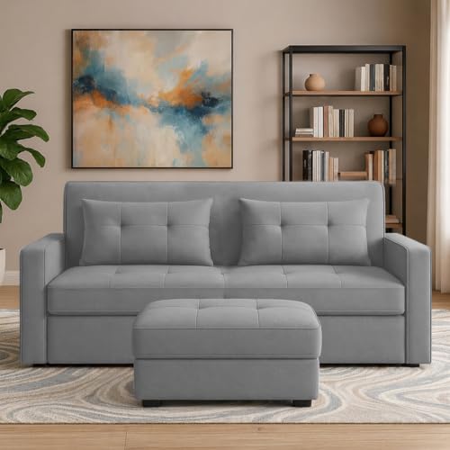 Image of Emilio 2-Seater Sofa Cum Bed for Living Room, Office & Home with Center Table | Premium Fabric Pull-Out Sofa Set with 1 Year Warranty | Space Saving Convertible Sofa | Dark Grey Colour