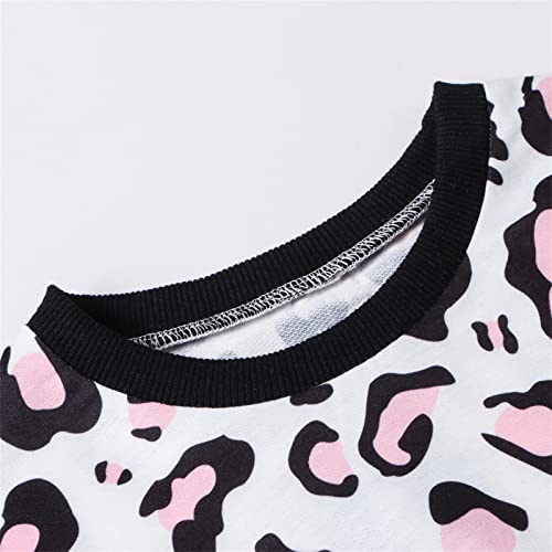 Image of Betusline Girls Two Piece Outfits, Fashion Leopard Print Crewneck Cropped Tops + Jogger Pants Set Outfits for Girl, Leopard Pink, 7-8 Years