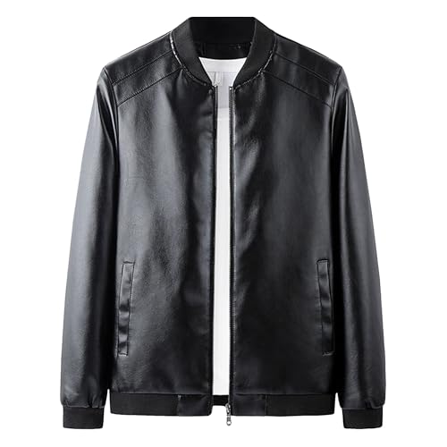 Chaqueta de piel sintética para hombre, corte entallado, con bolsillo con cremallera, cuello alto, para motocicleta, 16 Negro, XXL