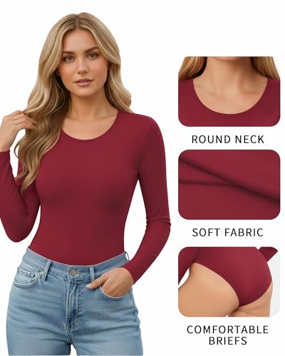 Image of Mangopop Women' Long Sleeve Ribbed Bodysuit Jumpsuits