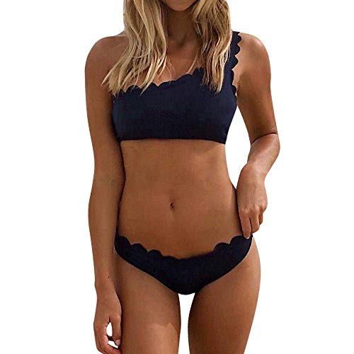VJGOAL Conjunto de Bikini de Color Liso de Las Mujeres Sexy Dos Piezas de baño brasileño Verano Casual Un Hombro Ropa de baño de Playa(Small,Azul)
