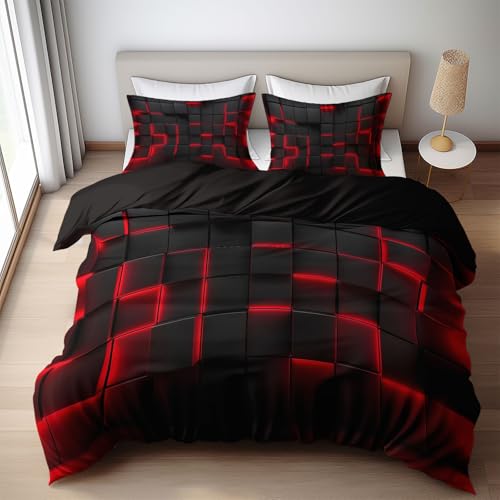 Reversible 100% Microfiber Duvet Cover Set - 3D Black and Red Cube Modern Abstract Pattern- 3 Piece Botanical Bedding Set with Shams - King Black Soft Lightweight Bedding