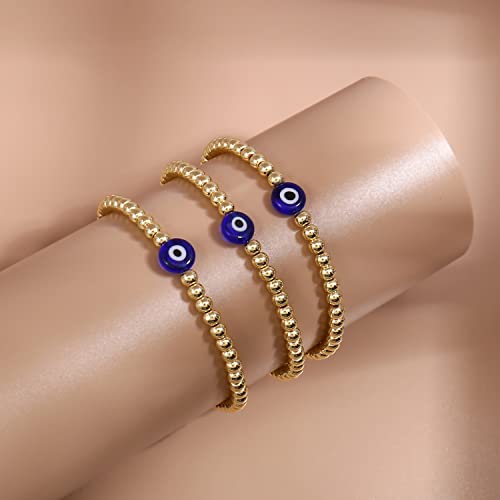 Evil Eye Luck Gold Beaded Protection Mal De Ojo Blue Eye Bracelets For Women Gifts For Bestfriends, Mother, Family Members, Siblings, Sister（3Pcs) #TOP6