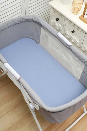 Image of Onacosht Muslin Bassinet Sheets 3 Pack for Baby Boy, Dinosaur Car &Blue | Skin-friendly, 100% Cotton Bassinet Fitted Sheets, 33 inch X 17 inch, Universal Size for Standard Oval & Rectangle Bassinet Mattress