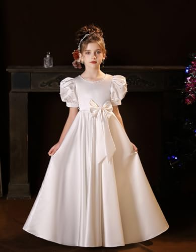 Satin First Communion Dress Flower Girl Dresses for Wedding Pearls Princess Pageant Dress with Bow-Knot2