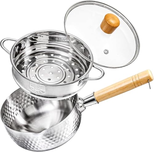 Stainless Steel Saucepan with Steamer Azonee 1.9L Cooking Pot with Glass Lid Milk Pan for Boiling Stewing Heavy-Duty with Wooden Handle