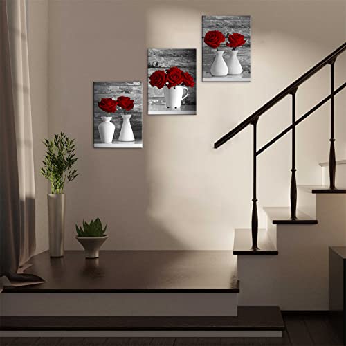 Wall Art Canvas Red Rose Painting Flower Wall Art Pictures For Bedroom Living Room 3 Piece Set Framed Home Decor Artworks 12"X16" #TOP4