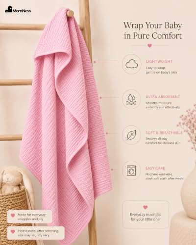 Image of Baby Hooded Bath Towel 100% Cotton Muslin 76x76 cm, 0-3Y, Newborn | 4-Layer Crinkle Fabric, Ultra Absorbent, For Ages 0-3Y