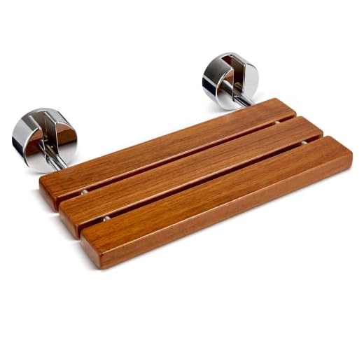 OasisSpace 20” Teak Folding Shower Seat Bench, Medical Wall Mounted Fold Down Shower Seat, 400 lbs Capacity, Teak Shower Bench for Inside Shower Foldable Bathroom Stool Seating Chair