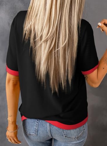 Image of Dokotoo Womens Tops 2026 Casual Summer Crewneck Short Sleeve Striped Color Block Knit High Low Trendy Pullover Sweaters