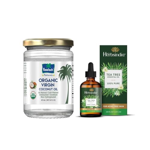 Parachute Naturalz Virgin Coconut Oil & Tea Tree Essential Oil for Hair | 100% Organic Cooking Oil, Hair Oil and Body Oil |16 fl oz + 3.3 fl oz | Pack of 2