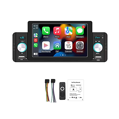 BOOMBOOST Estéreo para automóvil 1Din con Carplayer Android Auto, Pantalla táctil de 5 Pulgadas Soporte de Radio para automóvil Bluetooth Manos Libres USB FM Control del Volante Enlace Espejo