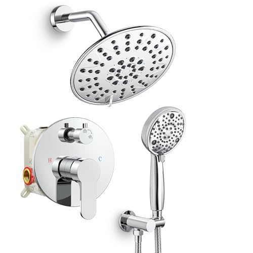 Image of SR SUN RISE Shower Faucet - 8 Inch Multifunctional High Pressure Shower Head System with Handheld Shower Head Fixtures - Valve Included - Polished Chrome