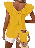 Falechay Womens Summer Tops Cute Crewneck Ruffle Sleeve Clothes Going Out Puffed Short Sleeves Casual Babydoll Teen Wrinkles Loose Fit Shirts 2026 Women Fashion Trendy Top Flowy Bow Tie Tunic Yellow L