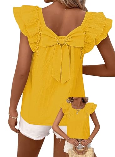 Falechay Womens Summer Tops Cute Crewneck Ruffle Sleeve Clothes Going Out Puffed Short Sleeves Casual Babydoll Teen Wrinkles Loose Fit Shirts 2026 Women Fashion Trendy Top Flowy Bow Tie Tunic Yellow L