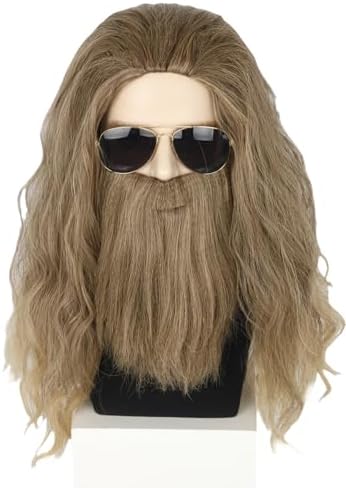 Topcosplay Perücke mit Bart Herren Lang Gelockt Aschblond Perücke Halloween Kostüm Perücken