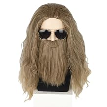 Topcosplay Men Wigs and Beard Long Staight Cosplay Halloween Costume Wig Brown