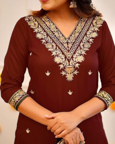 Image of Women Afghani Viscose Rayon Kurta Pant Dupatta Set with Embroidered Neck Work and Floral Print Organza Dupatta | Ethnic Straight Suit Set