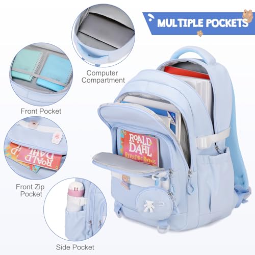 Backpacks for Girls - 4PCS Girls Backpack with Lunch Bag & Pencil Pouch Coin Pruse for Teens Kids Elementary Middle High School College Student Bookbag Daypack (Blue)3