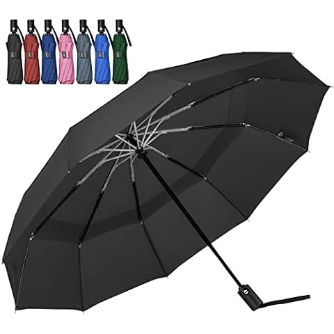 LANBRELLA Umbrella Travel Umbrella, Compact Folding Vented Double Canopy Umbrella Auto Open Close 10 rib - D1 Black Cover