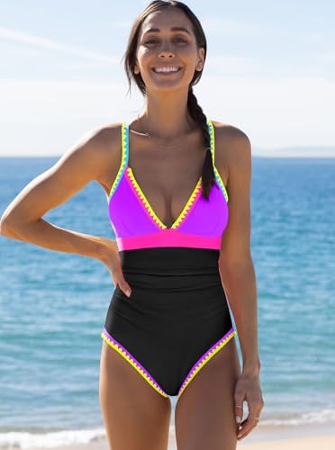 popvil One Piece Swimsuit Women 2025 Color Block Bathing Suit Plunge Shell Trim Swimwear Tie Back2