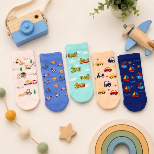 Image of THELA GAADI Printed Kids Socks | Ankle Length Pure Cotton Socks for Kids Boys and Girls | Breathable, Odourless, Cute | Pack of 5