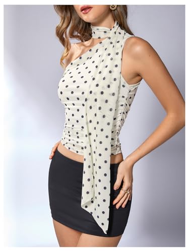 Image of RoseSeek Women's Y2K Leopard Polka Dots Halter Asymmetrical Neck Crop Tops